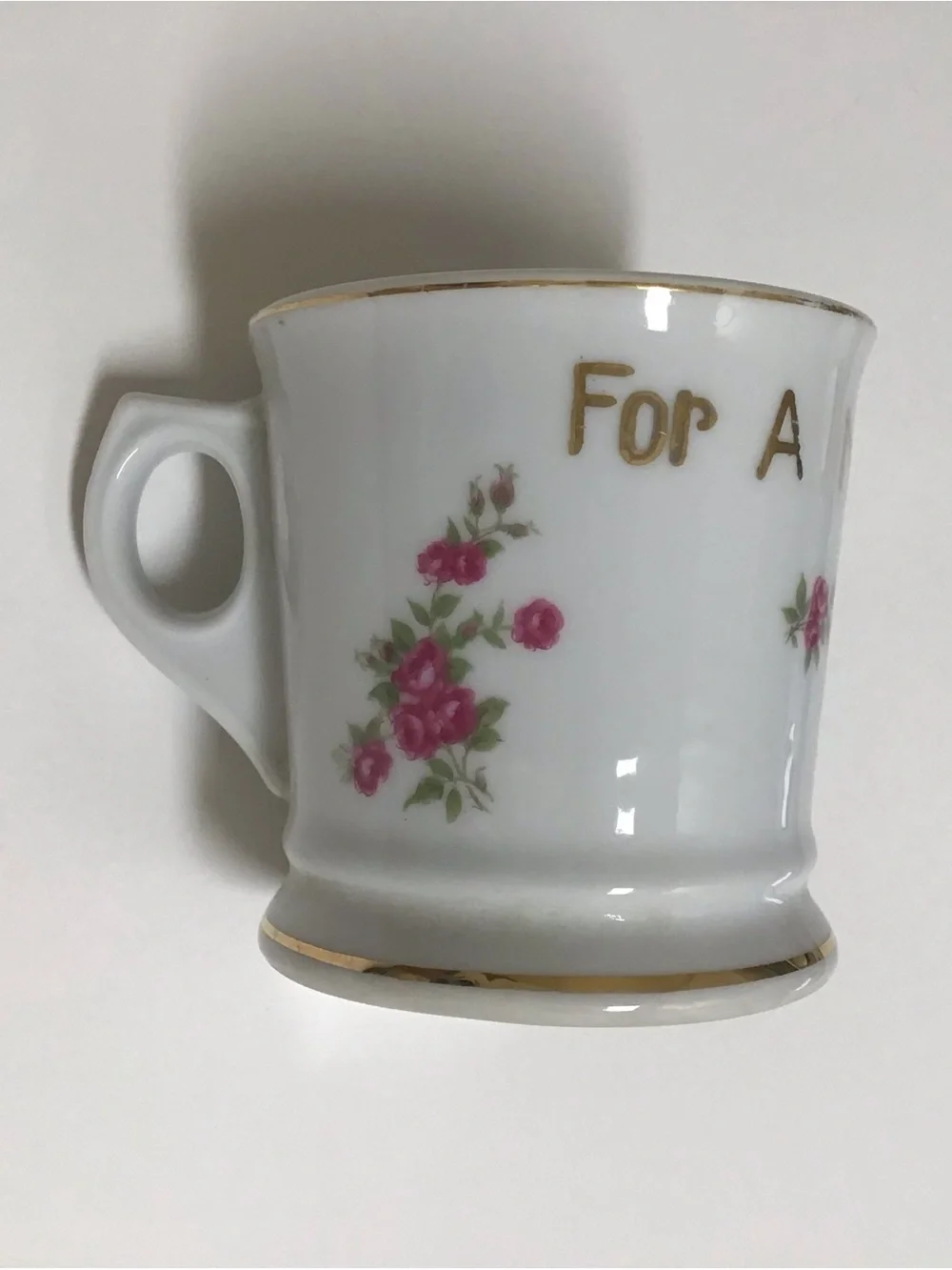 Vintage Shaving Mug FOR A LITTLE SHAVER Girl’s White Pink Roses Bouquet Ribbons